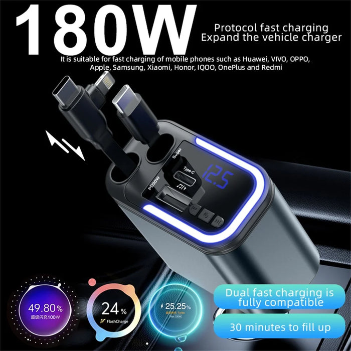 LC-040 5-in-1 Car Charger 180W Dual Retractable Cable Type-C iP (5-14) Bluetooth-compatible FM Transmitter Charging Adapter - 2