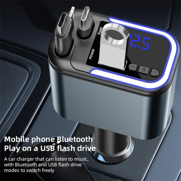LC-040 5-in-1 Car Charger 180W Dual Retractable Cable Type-C iP (5-14) Bluetooth-compatible FM Transmitter Charging Adapter - 3