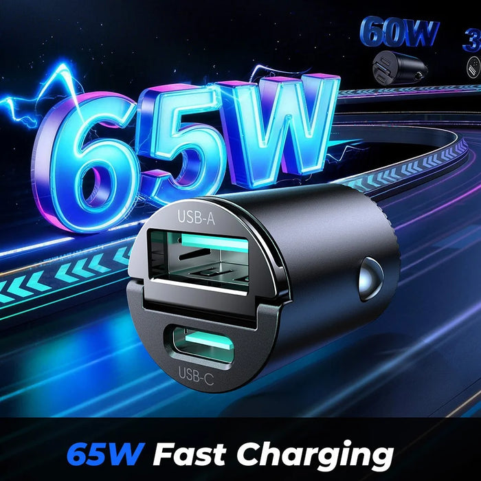 JOYROOM JR-CCN18 PD 65W Fast Charging Adapter USB-A + USB-C Dual Port Car Charger - Black - 2