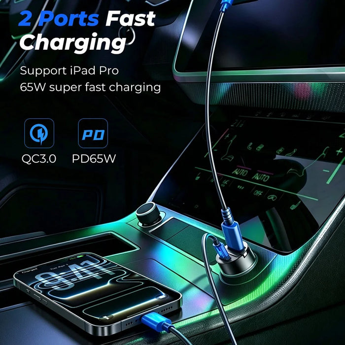 JOYROOM JR-CCN18 PD 65W Fast Charging Adapter USB-A + USB-C Dual Port Car Charger - Black - 3