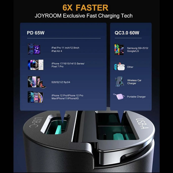 JOYROOM JR-CCN18 PD 65W Fast Charging Adapter USB-A + USB-C Dual Port Car Charger - Black - 6