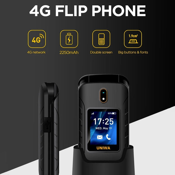 UNIWA V909T Single SIM 2.8/1.77 inch Flip Phone 2250mAh Battery 4G Cellphone with Rear Camera - Black - 2