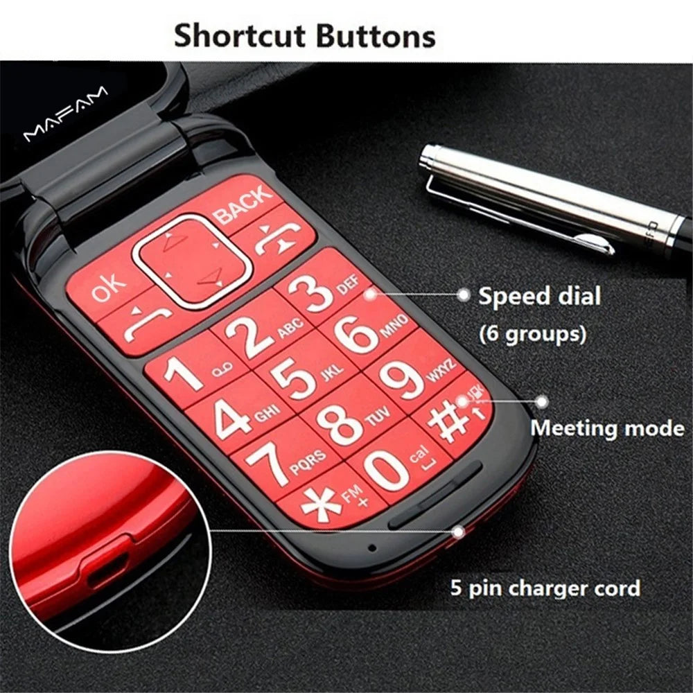 MAFAM F899 GSM 2G Flip Mini Cell Phone 2800mAh Battery Pocket Portable Big Button Mobile Phone Gift for Kid and Elderly - Red - 6