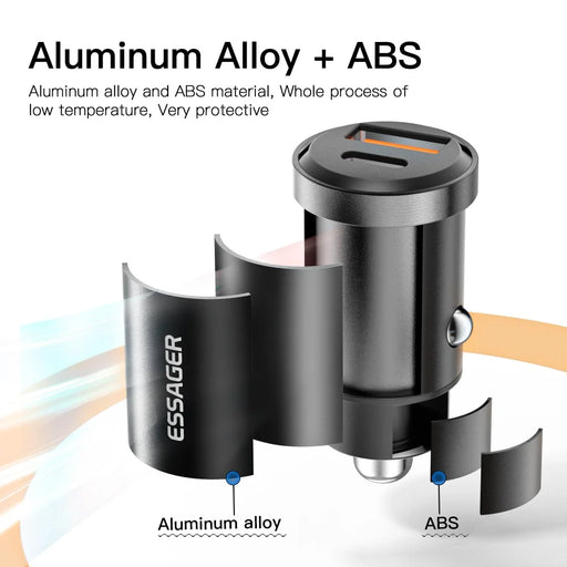 ESSAGER 30W Mini Car Charger USB-A + Type-C Dual Port Fast Charger for iPhone 12/13 - Black - 2