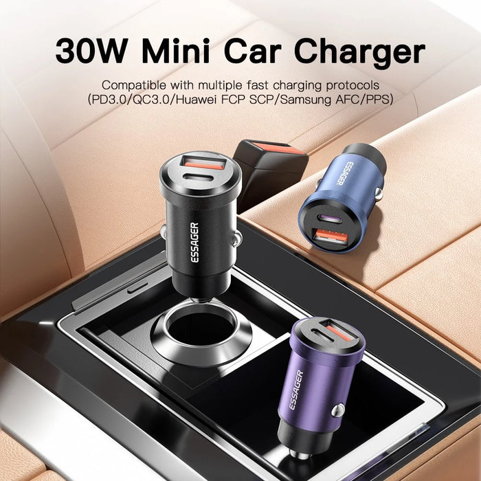 ESSAGER 30W Mini Car Charger USB-A + Type-C Dual Port Fast Charger for iPhone 12/13 - Black - 3