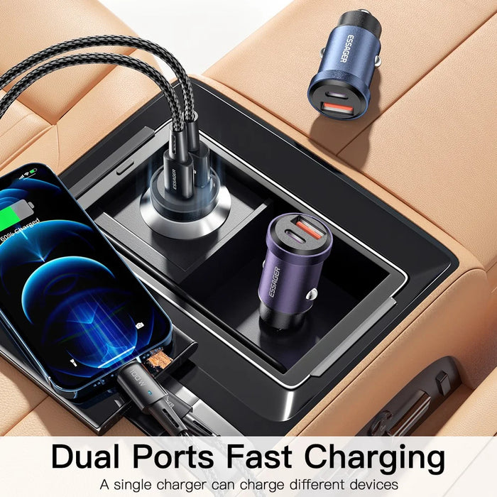 ESSAGER 30W Mini Car Charger USB-A + Type-C Dual Port Fast Charger for iPhone 12/13 - Black - 5
