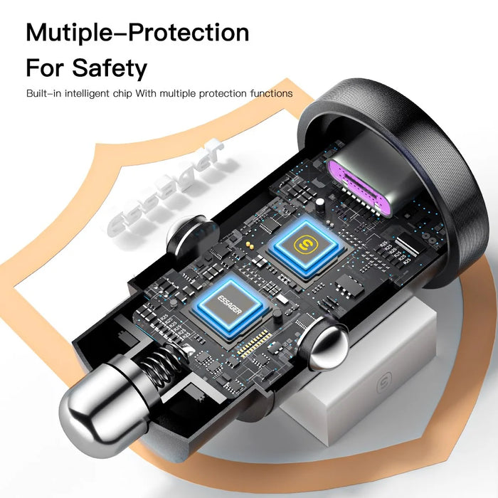 ESSAGER 30W Mini Car Charger USB-A + Type-C Dual Port Fast Charger for iPhone 12/13 - Black - 6