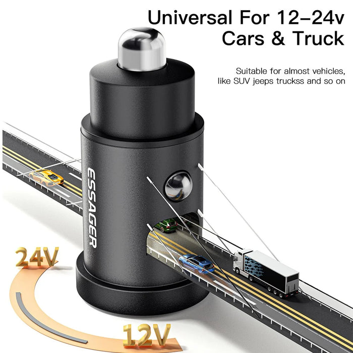 ESSAGER 30W Mini Car Charger USB-A + Type-C Dual Port Fast Charger for iPhone 12/13 - Black - 7