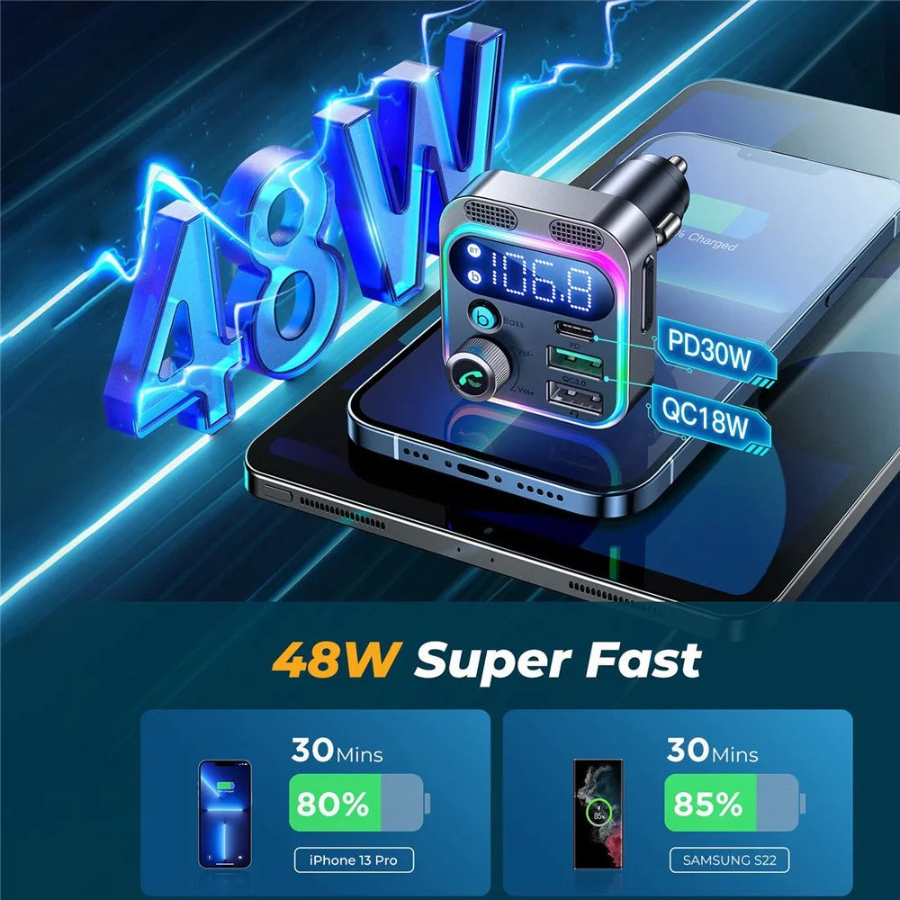 JOYROOM JR-CL16 48W Car Fast Charger Adapter Wireless BT FM Transmitter Support Hands-Free Calling QC3.0+PD Car Charger with LED Display / Dual Mics - 4