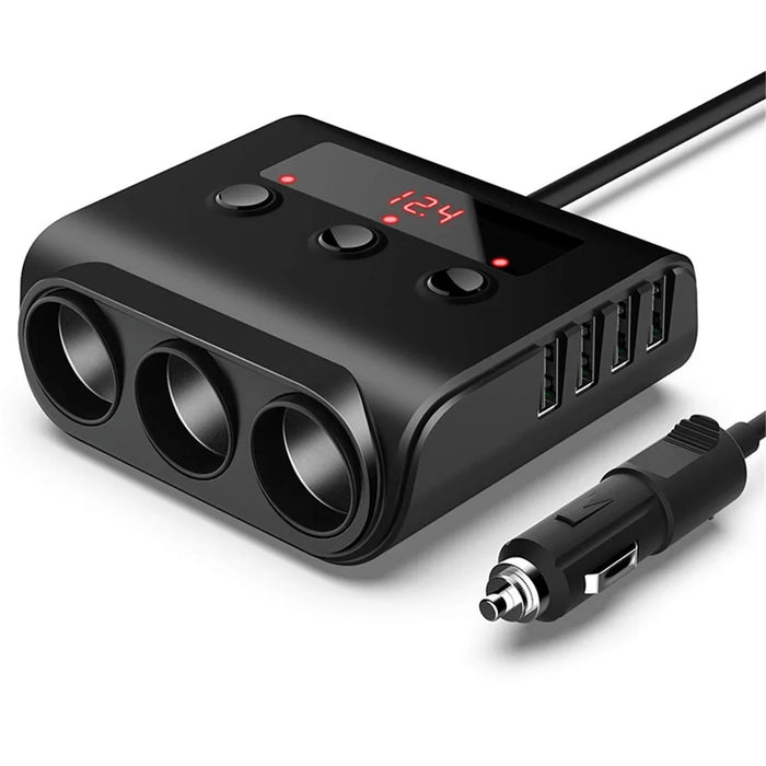 TR12 100W 4 USB Ports Car Charger LED Display Voltage Detection 3 Cigarette Lighter Sockets Charging Adapter - 1