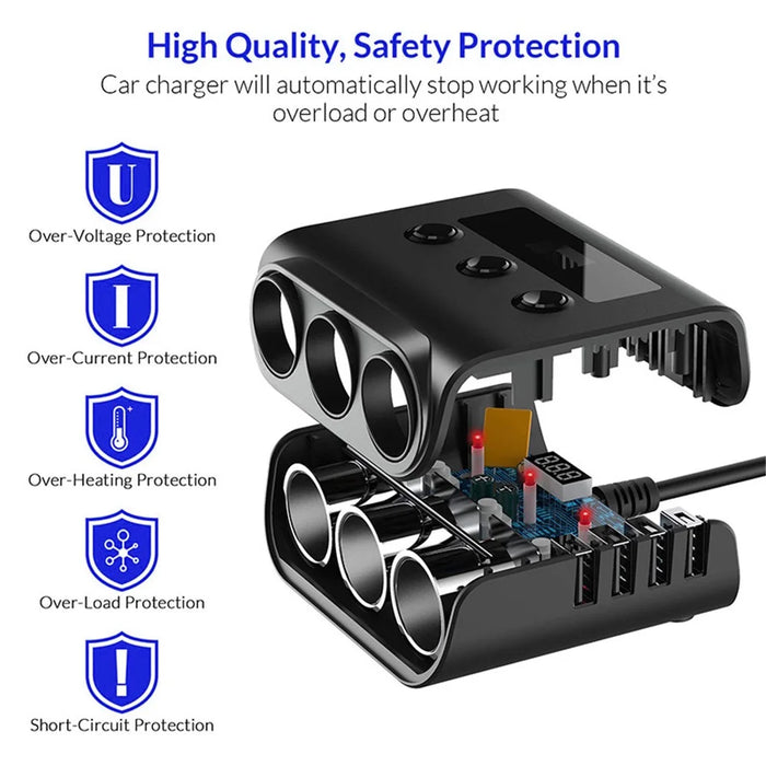 TR12 100W 4 USB Ports Car Charger LED Display Voltage Detection 3 Cigarette Lighter Sockets Charging Adapter - 2