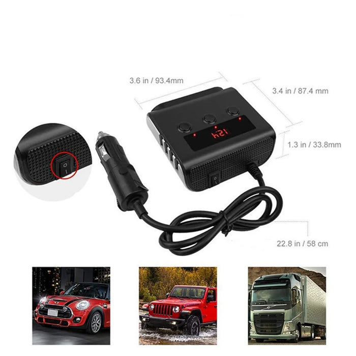 TR12 100W 4 USB Ports Car Charger LED Display Voltage Detection 3 Cigarette Lighter Sockets Charging Adapter - 4
