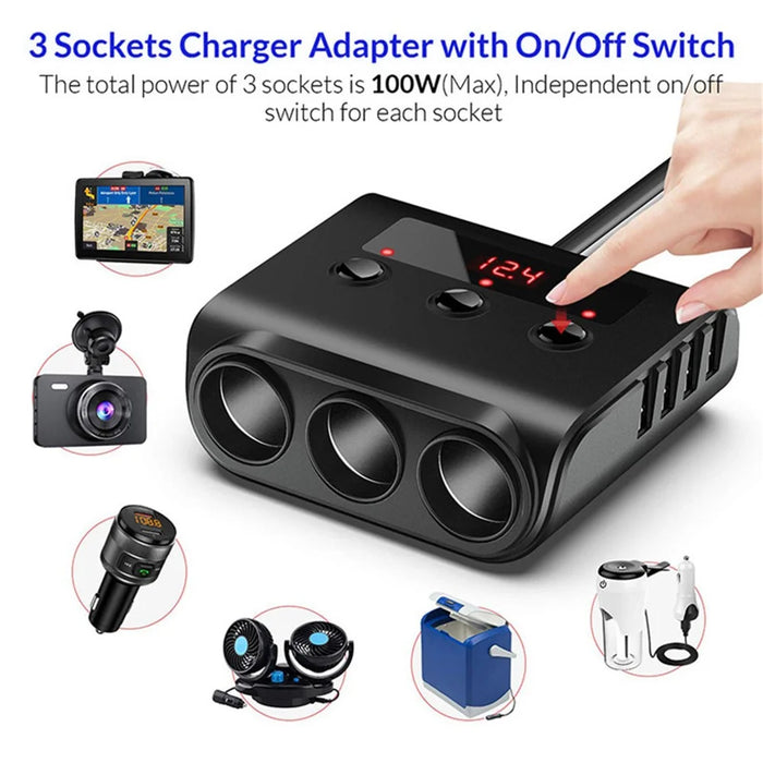 TR12 100W 4 USB Ports Car Charger LED Display Voltage Detection 3 Cigarette Lighter Sockets Charging Adapter - 5