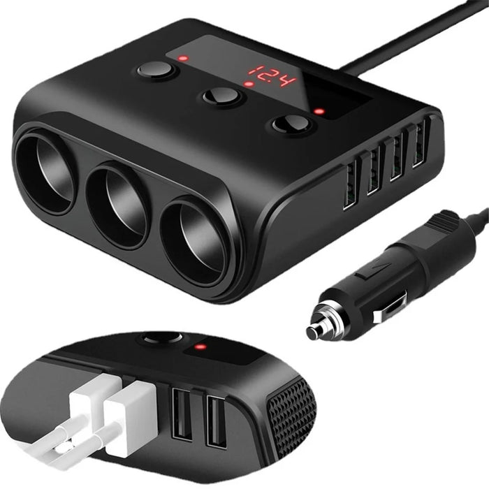 TR12 100W 4 USB Ports Car Charger LED Display Voltage Detection 3 Cigarette Lighter Sockets Charging Adapter - 6
