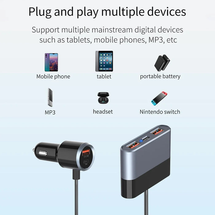 SC03 3 QC3.0 USB+2 Type-C PD Phone Fast Charging Adapter Back Clip Design Extended Car Charger - 6
