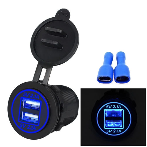 CS-526 USB 2.1A Charging Power Charger Dual USB Port Car Charger with Dual LED Ring Light - Blue - 1