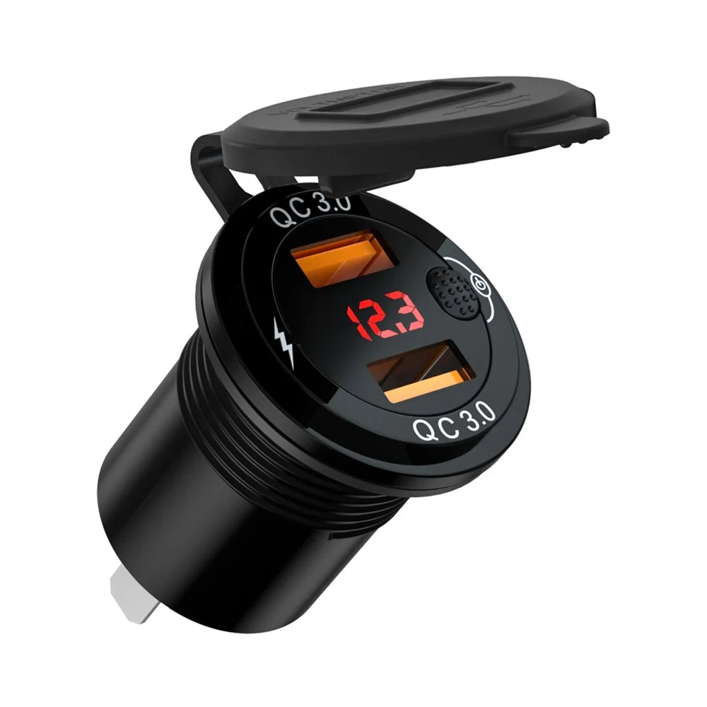ZH-1427A2 Waterproof QC3.0 Fast Charging Plug Adapter Dual USB Port Car Charger with Digital Display Screen - 1