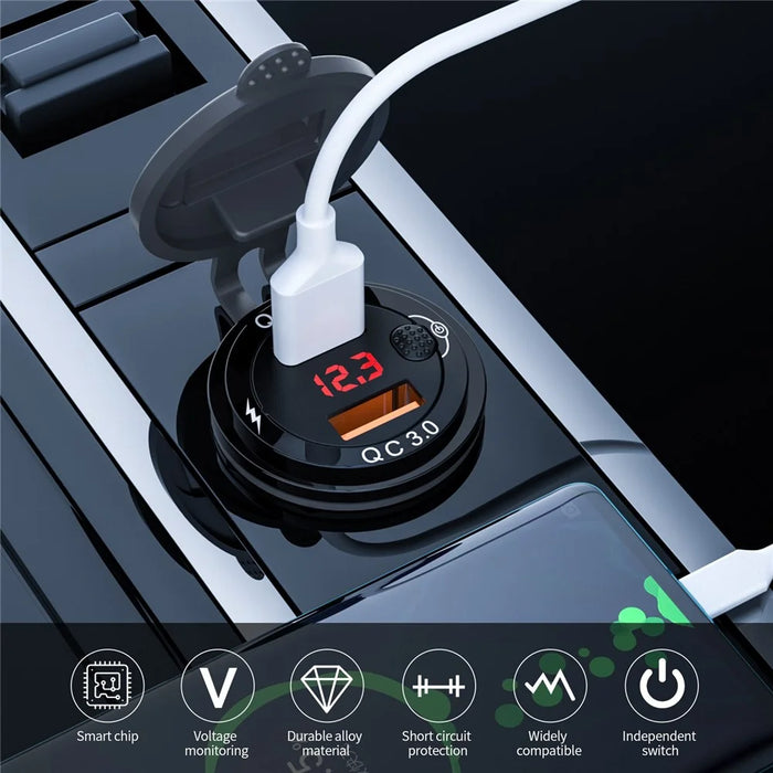 ZH-1427A2 Waterproof QC3.0 Fast Charging Plug Adapter Dual USB Port Car Charger with Digital Display Screen - 2