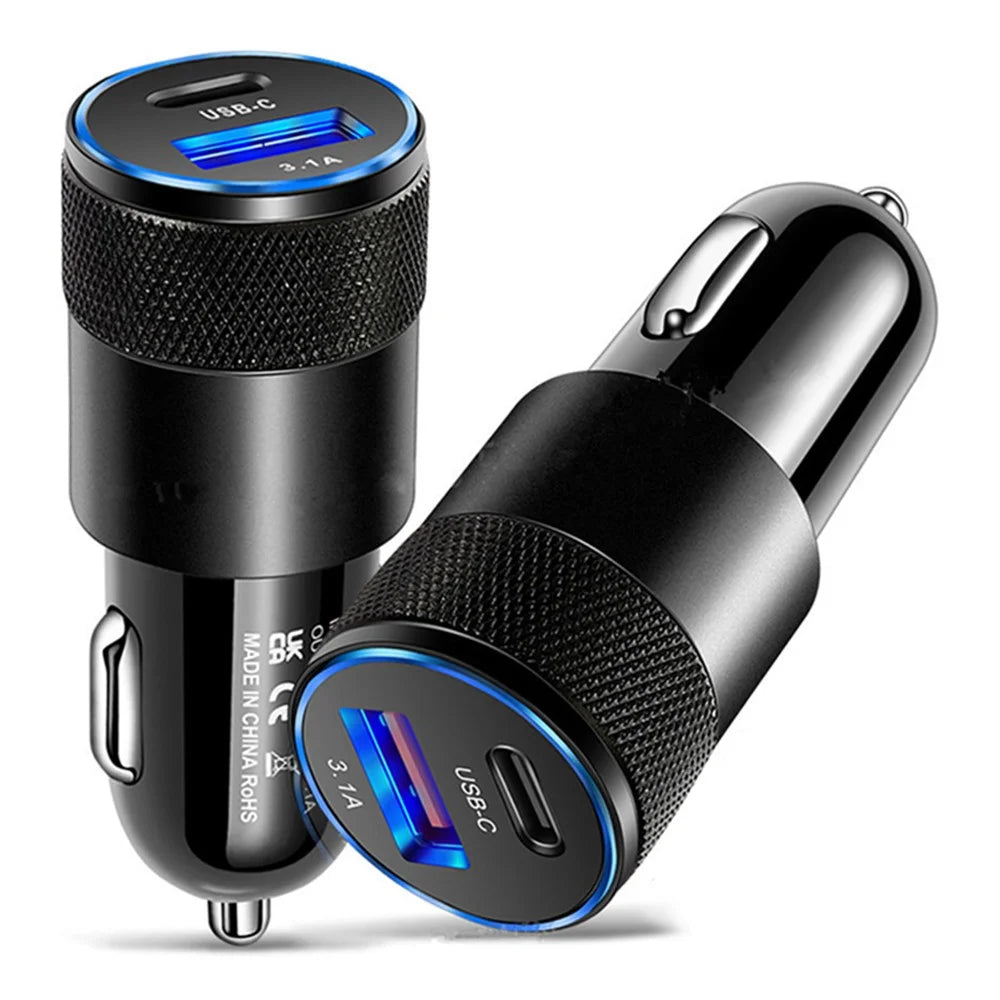 15W 3.1A USB+PD Type-C Port Mini Car Charger Aluminum Alloy Phone Fast Charging Adapter - Black - 1
