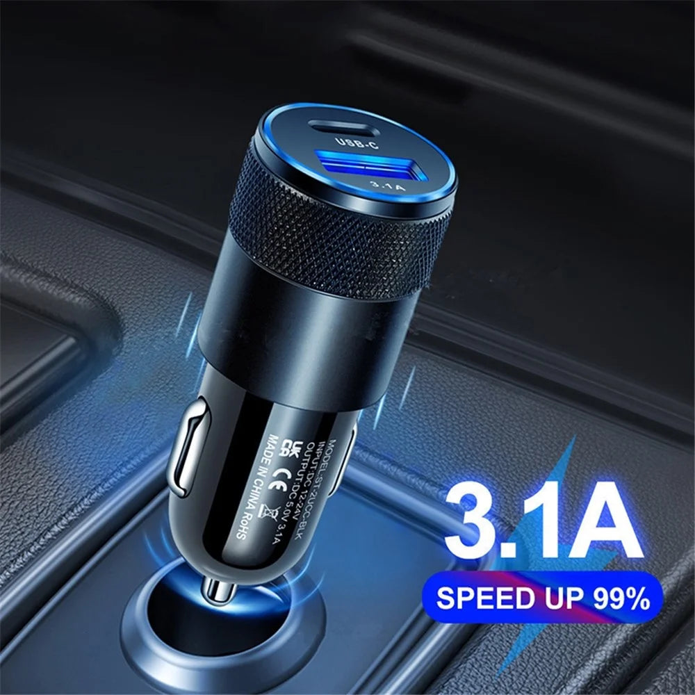 15W 3.1A USB+PD Type-C Port Mini Car Charger Aluminum Alloy Phone Fast Charging Adapter - Black - 2
