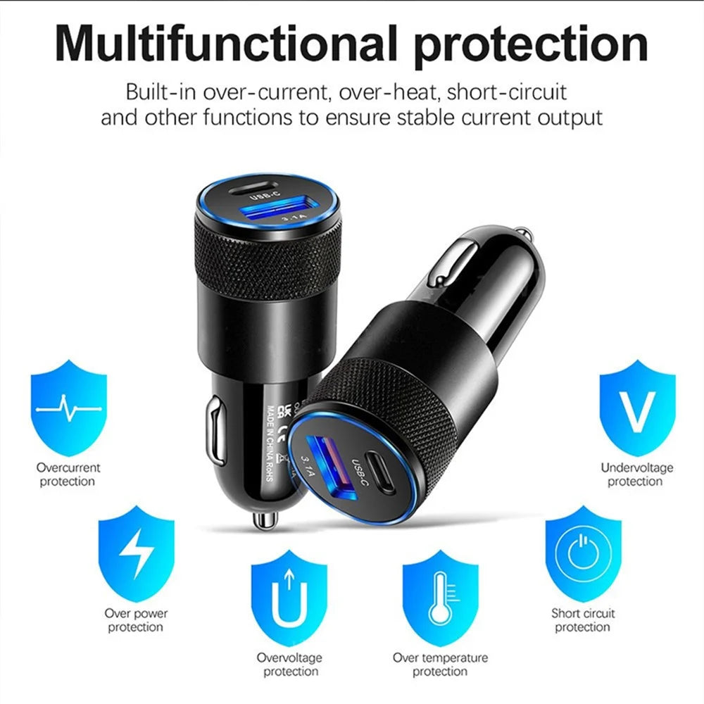 15W 3.1A USB+PD Type-C Port Mini Car Charger Aluminum Alloy Phone Fast Charging Adapter - Black - 4