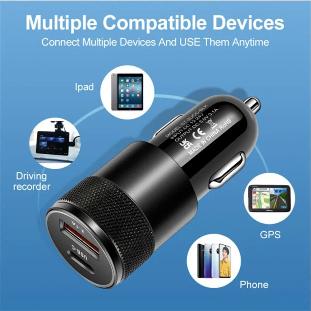 15W 3.1A USB+PD Type-C Port Mini Car Charger Aluminum Alloy Phone Fast Charging Adapter - Black - 5