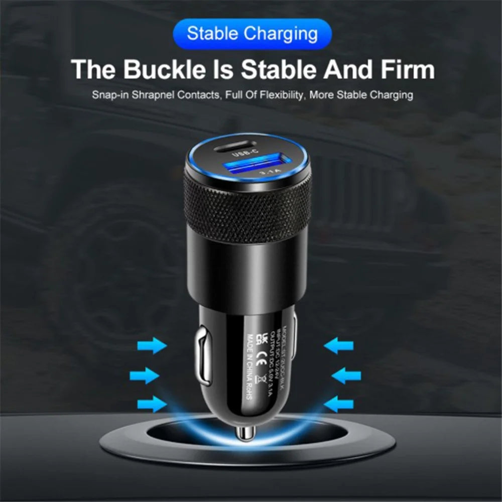 15W 3.1A USB+PD Type-C Port Mini Car Charger Aluminum Alloy Phone Fast Charging Adapter - Black - 6