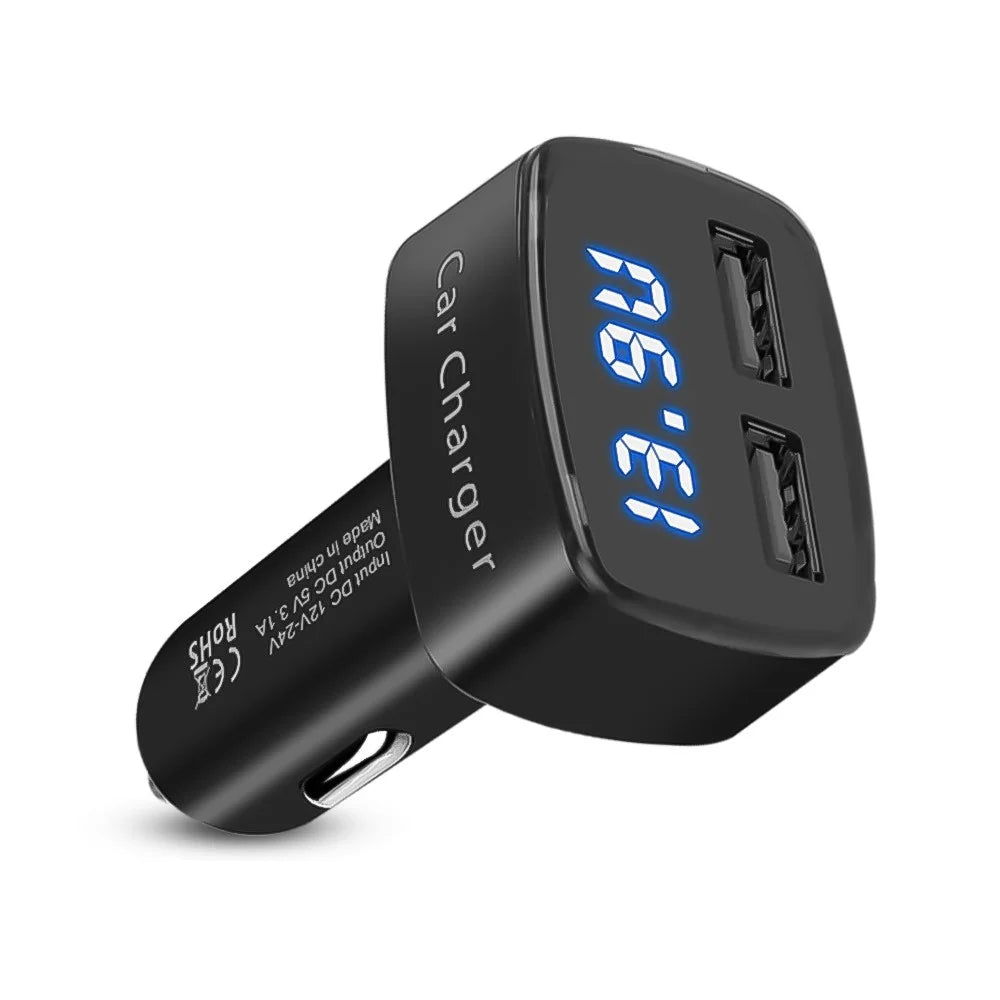 4 in 1 Car Charger Dual USB Port with Digital Display Voltage / Temperature / Current Meter Tester Adapter - Black / Blue LED - 1