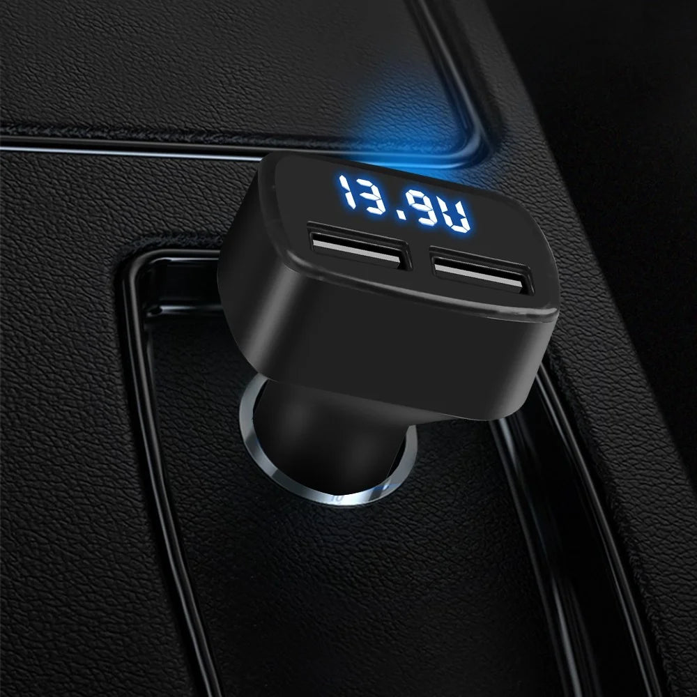 4 in 1 Car Charger Dual USB Port with Digital Display Voltage / Temperature / Current Meter Tester Adapter - Black / Blue LED - 2