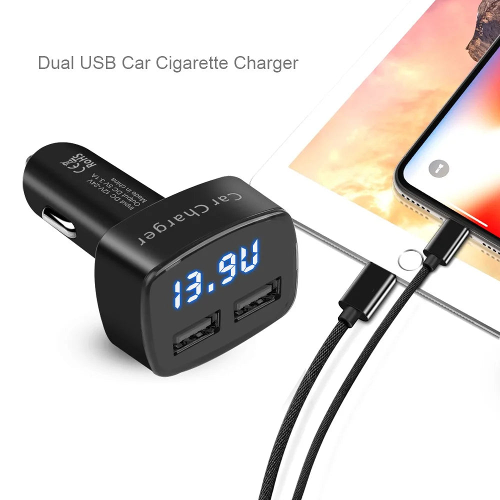 4 in 1 Car Charger Dual USB Port with Digital Display Voltage / Temperature / Current Meter Tester Adapter - Black / Blue LED - 4
