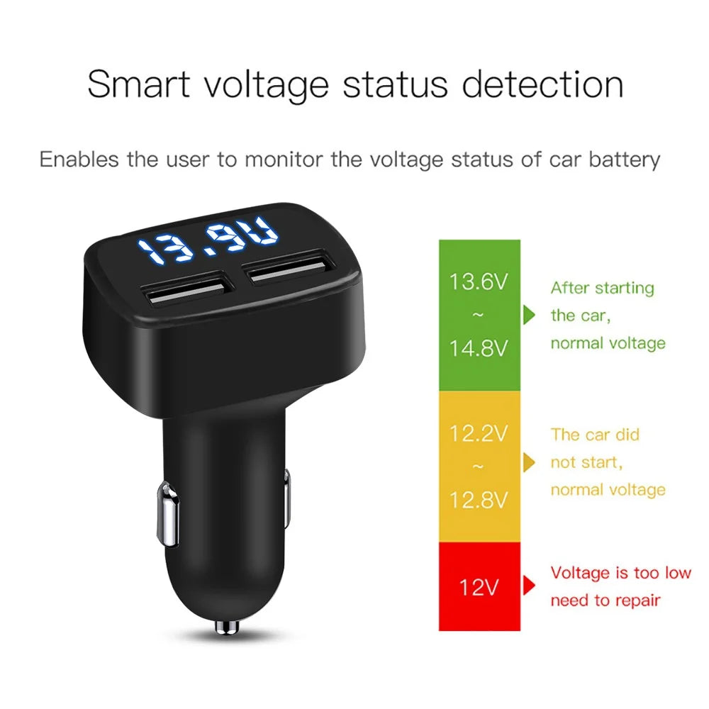4 in 1 Car Charger Dual USB Port with Digital Display Voltage / Temperature / Current Meter Tester Adapter - Black / Blue LED - 5