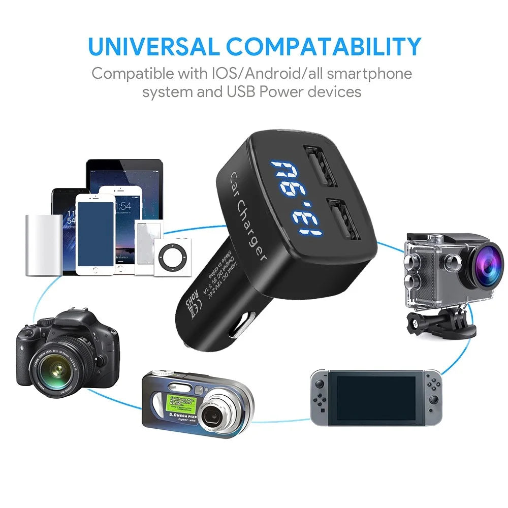 4 in 1 Car Charger Dual USB Port with Digital Display Voltage / Temperature / Current Meter Tester Adapter - Black / Blue LED - 6