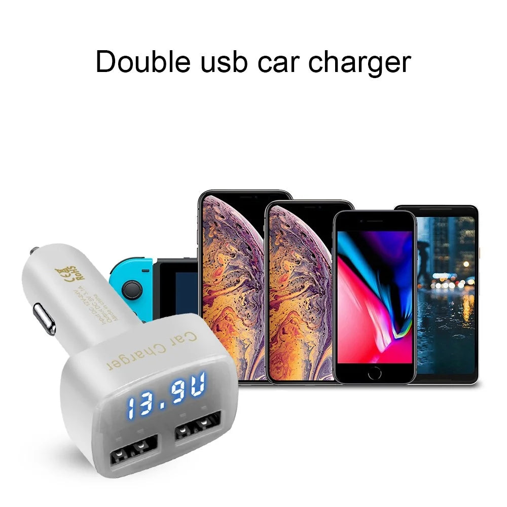 4 in 1 Car Charger Dual USB Port with Digital Display Voltage / Temperature / Current Meter Tester Adapter - Black / Blue LED - 7