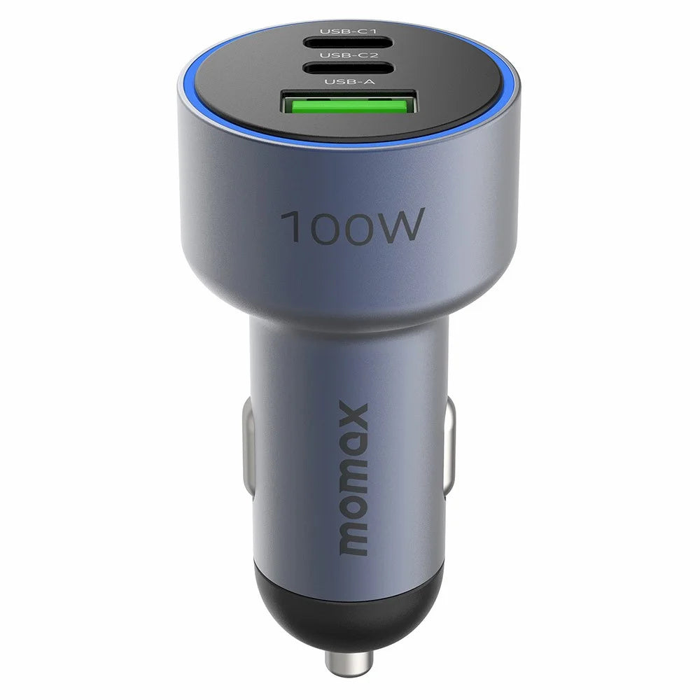 MOMAX UC17 100W 3-Port Car Charger for Cell Phone / Laptop / Camera, USB+2xType-C Phone Mini Charger Charging Universal Vehicle Charging Station - Space Grey - 1