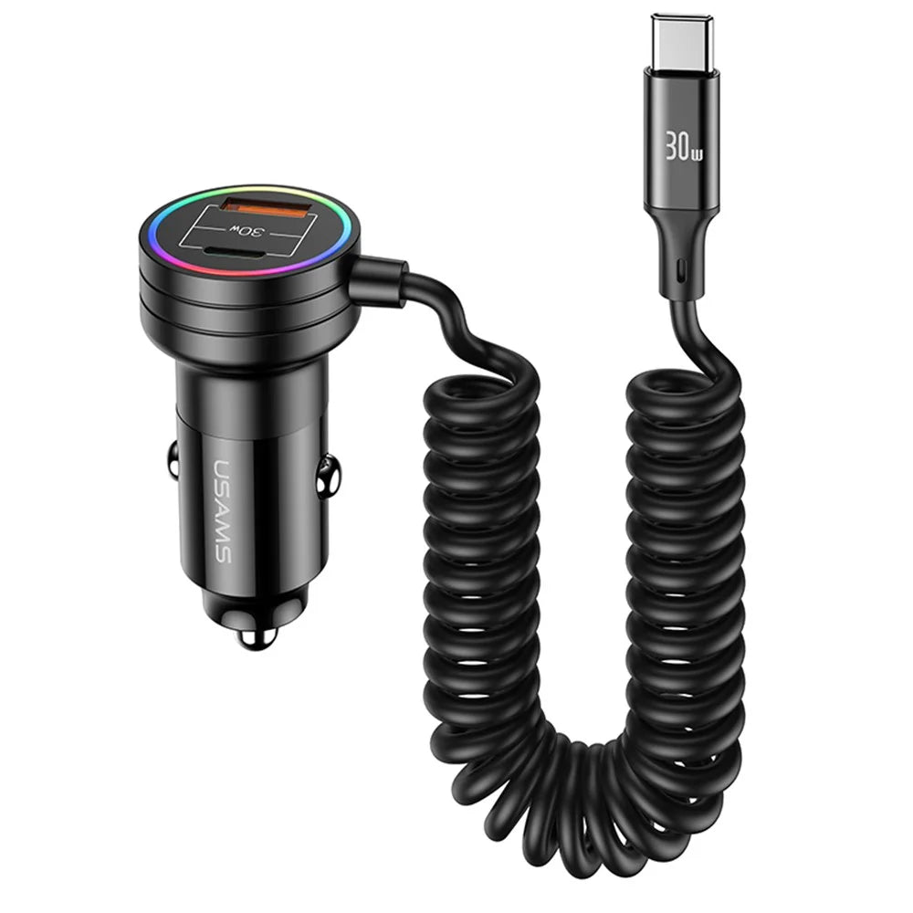 USAMS US-CC167 C33 60W USB+Type-C Dual Ports Car Charger with Spring Cable and Ambient Light - 1