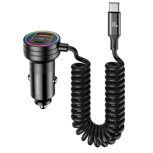 USAMS US-CC167 C33 60W USB+Type-C Dual Ports Car Charger with Spring Cable and Ambient Light - 1
