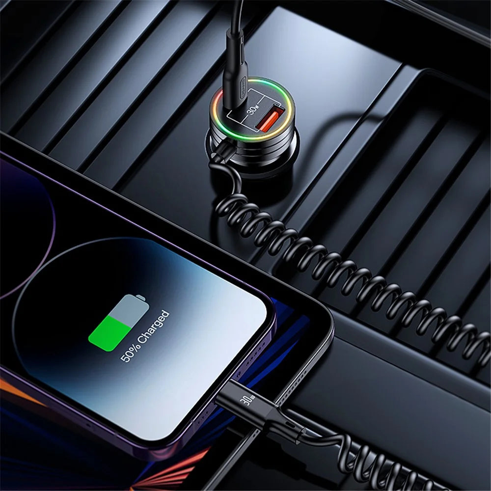 USAMS US-CC167 C33 60W USB+Type-C Dual Ports Car Charger with Spring Cable and Ambient Light - 2