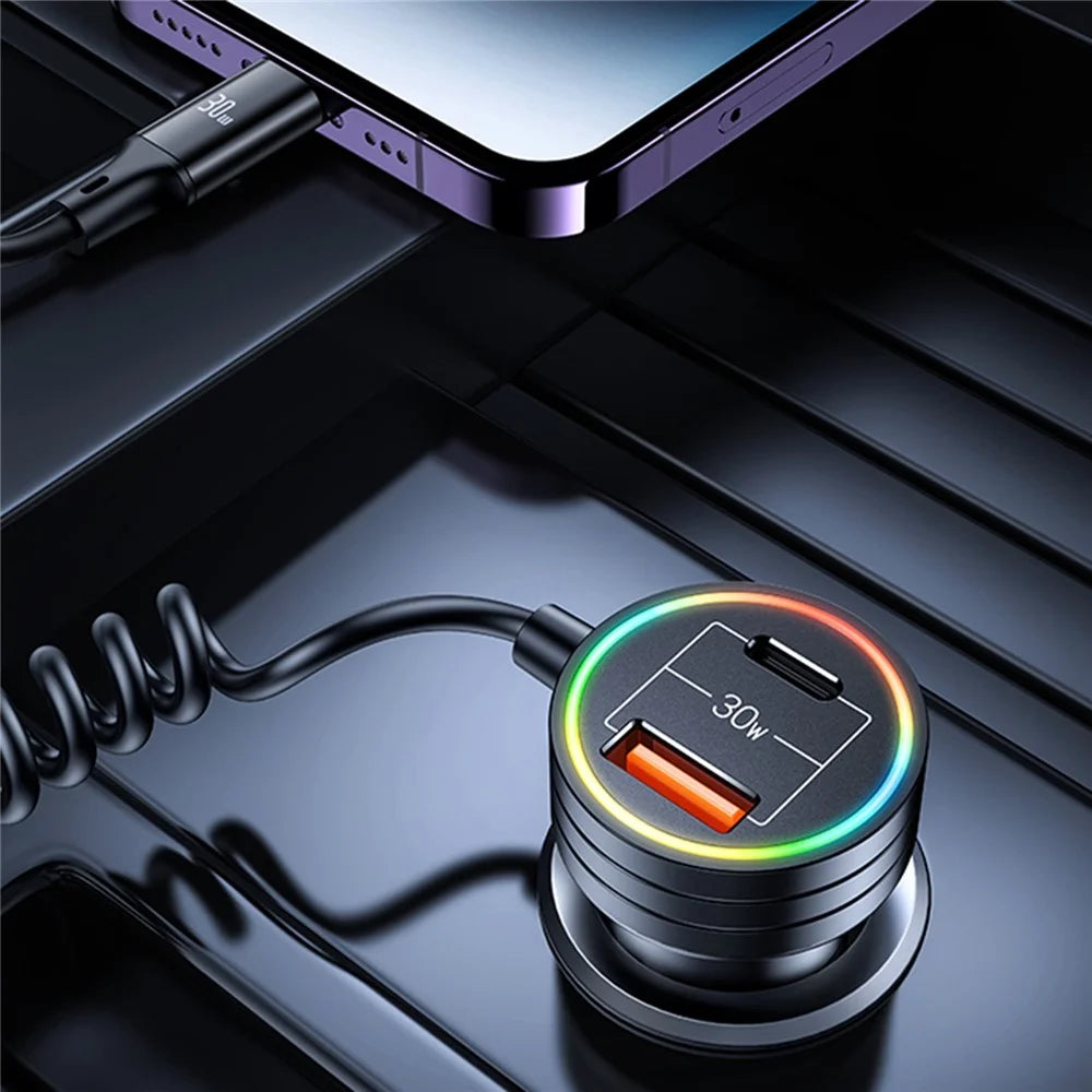 USAMS US-CC167 C33 60W USB+Type-C Dual Ports Car Charger with Spring Cable and Ambient Light - 3