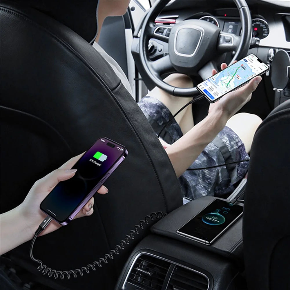 USAMS US-CC167 C33 60W USB+Type-C Dual Ports Car Charger with Spring Cable and Ambient Light - 4