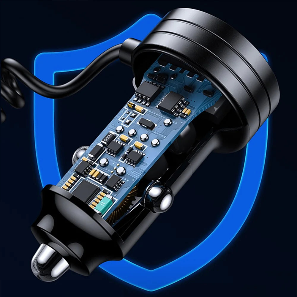 USAMS US-CC167 C33 60W USB+Type-C Dual Ports Car Charger with Spring Cable and Ambient Light - 5
