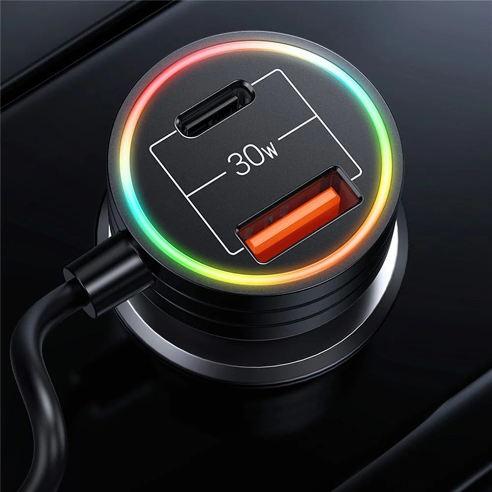 USAMS US-CC167 C33 60W USB+Type-C Dual Ports Car Charger with Spring Cable and Ambient Light - 6