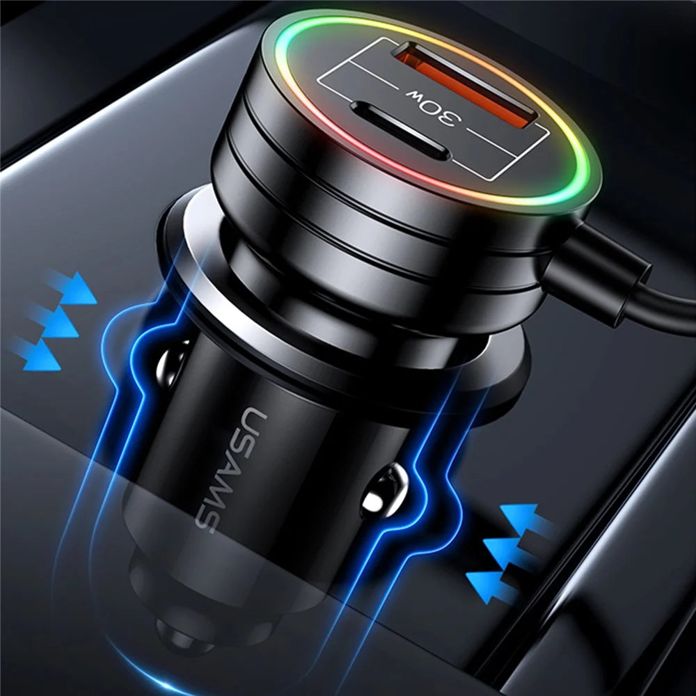 USAMS US-CC167 C33 60W USB+Type-C Dual Ports Car Charger with Spring Cable and Ambient Light - 7