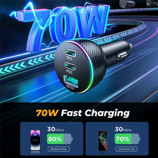 JOYROOM JR-CL26 3 Ports (2PD+1USB) Car Charger QC3.0+PD3.0 70W Fast Charging Phone Charger Adapter with Colorful LED Light - 2