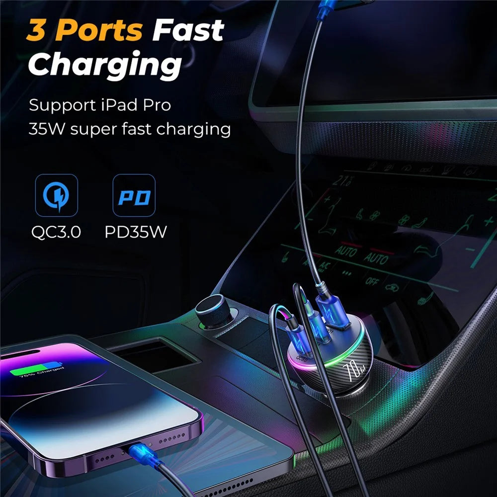 JOYROOM JR-CL26 3 Ports (2PD+1USB) Car Charger QC3.0+PD3.0 70W Fast Charging Phone Charger Adapter with Colorful LED Light - 3