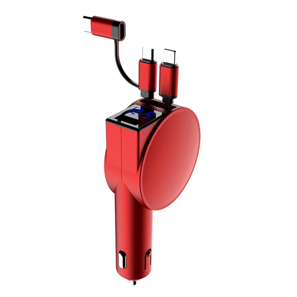 3-in-1 Retractable Car Charger 12-24V Fast Charging Cigarette Lighter Plug Adapter (8th Gen) - Red - 1