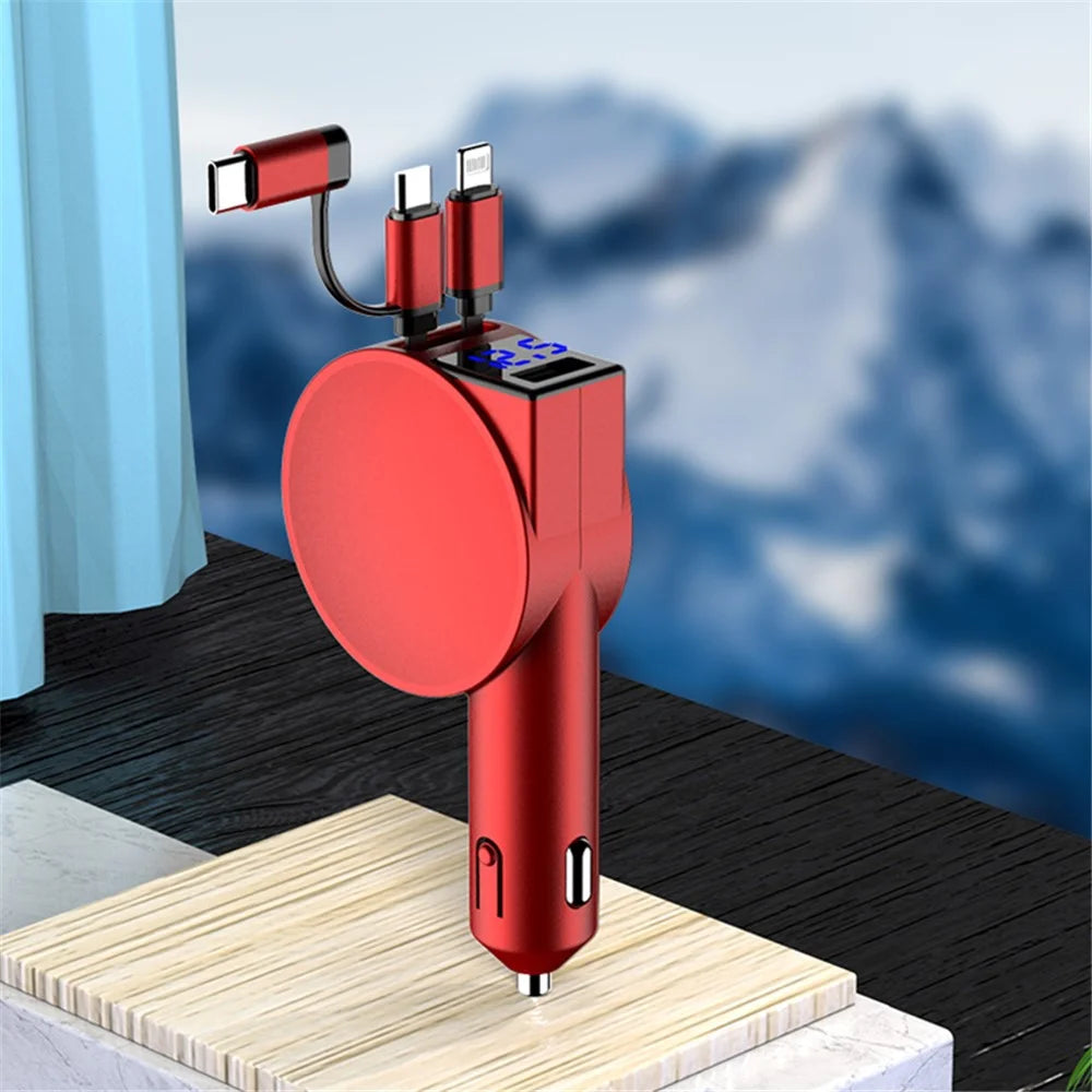 3-in-1 Retractable Car Charger 12-24V Fast Charging Cigarette Lighter Plug Adapter (8th Gen) - Red - 2
