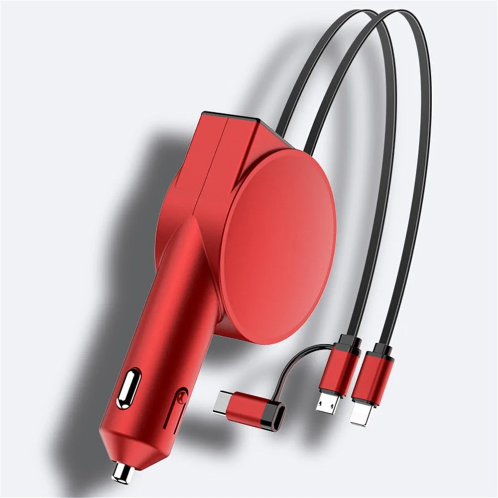 3-in-1 Retractable Car Charger 12-24V Fast Charging Cigarette Lighter Plug Adapter (8th Gen) - Red - 3