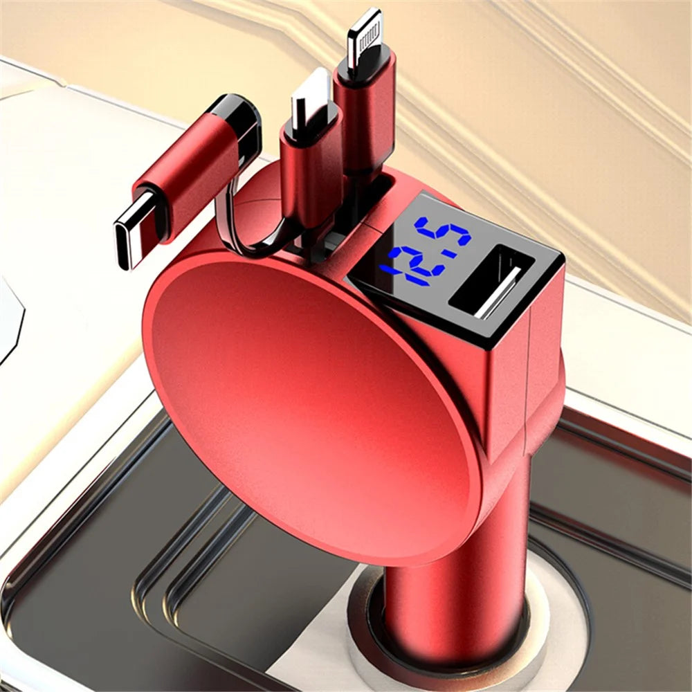 3-in-1 Retractable Car Charger 12-24V Fast Charging Cigarette Lighter Plug Adapter (8th Gen) - Red - 4