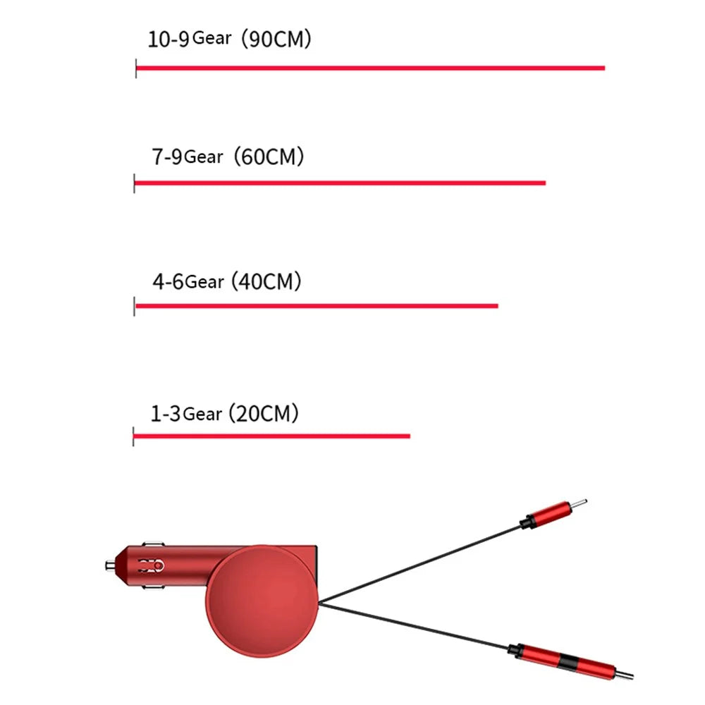 3-in-1 Retractable Car Charger 12-24V Fast Charging Cigarette Lighter Plug Adapter (8th Gen) - Red - 5
