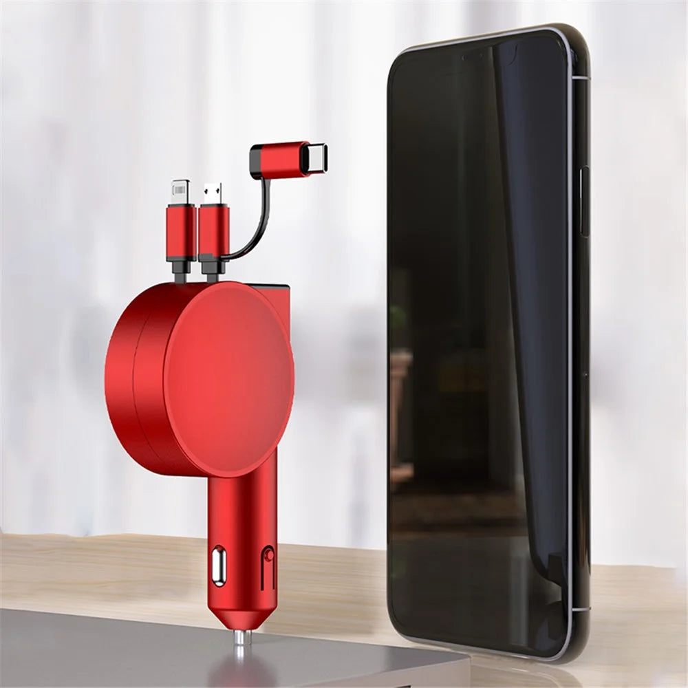 3-in-1 Retractable Car Charger 12-24V Fast Charging Cigarette Lighter Plug Adapter (8th Gen) - Red - 7